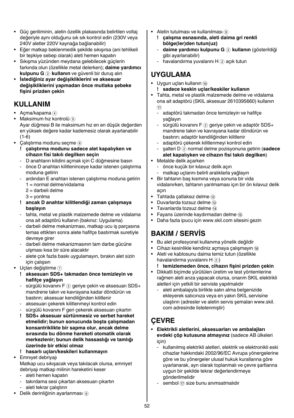 Kullanim, Uygulama, Bakim / servis | Çevre | Skil 1766 AK User Manual | Page 52 / 116