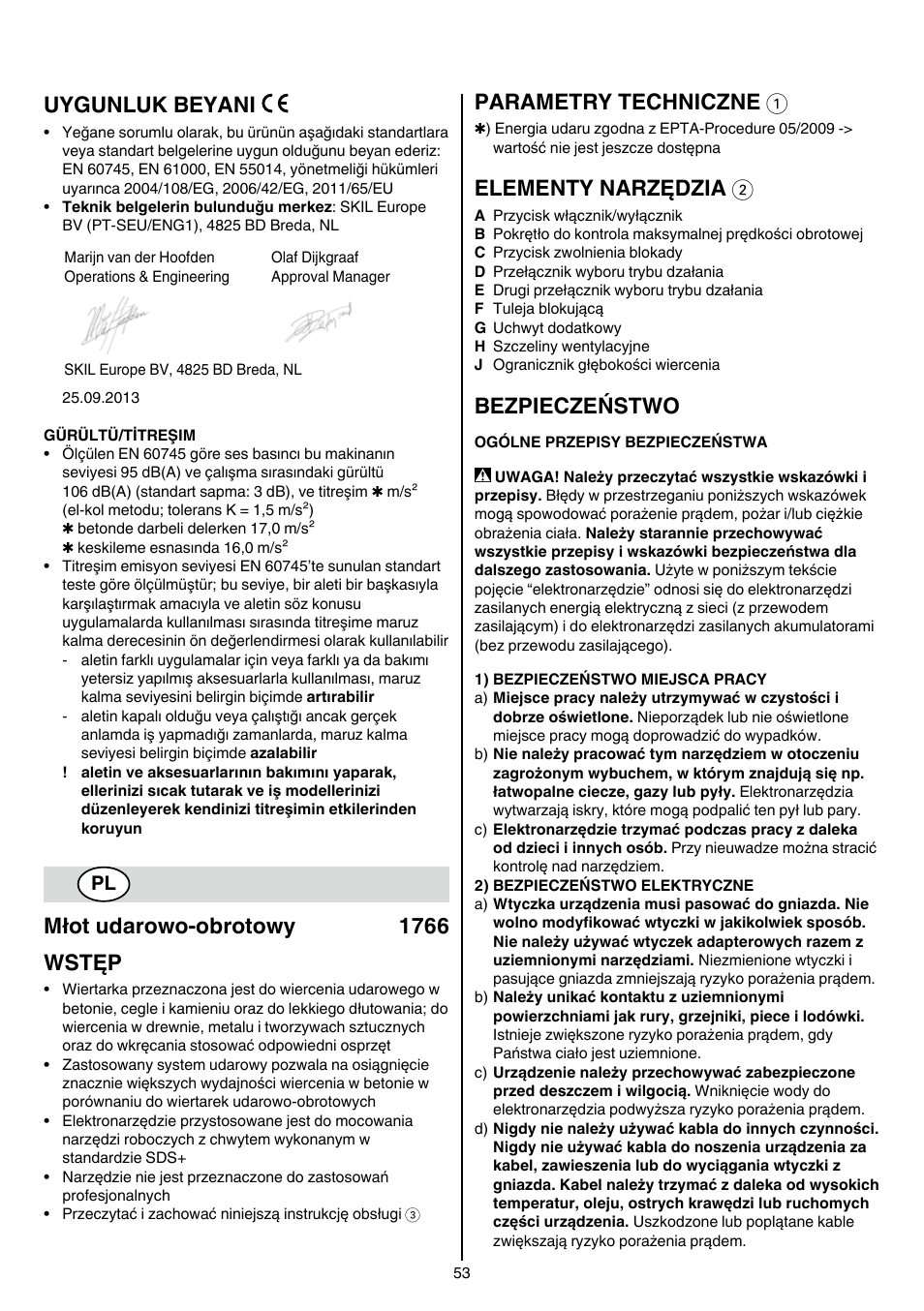 Uygunluk beyani, Młot udarowo-obrotowy 1766 wstęp, Parametry techniczne 1 | Elementy narzędzia 2, Bezpieczeństwo | Skil 1766 AK User Manual | Page 53 / 116