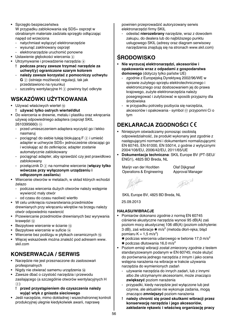 Wskazówki użytkowania, Konserwacja / serwis, Środowisko | Deklaracja zgodności | Skil 1766 AK User Manual | Page 56 / 116