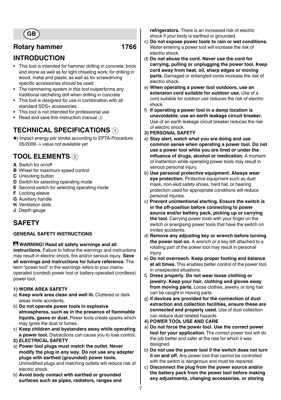 Rotary hammer 1766 introduction, Technical specifications 1, Tool elements 2 | Safety | Skil 1766 AK User Manual | Page 7 / 116