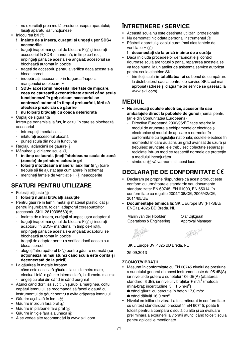 Sfaturi pentru utilizare, Întreţinere / service, Mediul | Declaraţie de conformitate | Skil 1766 AK User Manual | Page 71 / 116