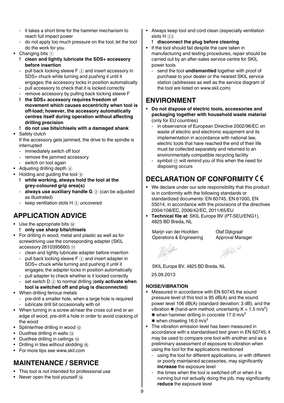 Application advice, Maintenance / service, Environment | Declaration of conformity | Skil 1766 AK User Manual | Page 9 / 116
