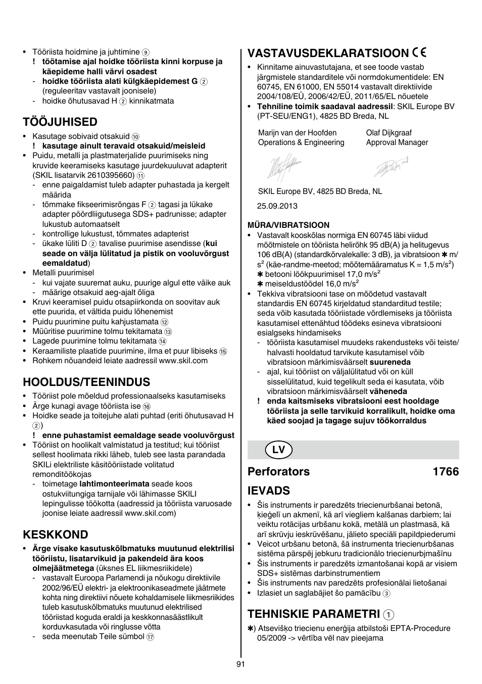 Tööjuhised, Hooldus/teenindus, Keskkond | Vastavusdeklaratsioon, Perforators 1766 ievads, Tehniskie parametri 1 | Skil 1766 AK User Manual | Page 91 / 116