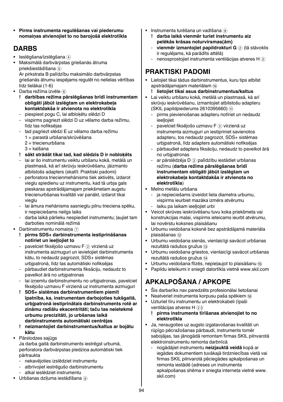 Darbs, Praktiski padomi, Apkalpošana / apkope | Skil 1766 AK User Manual | Page 94 / 116