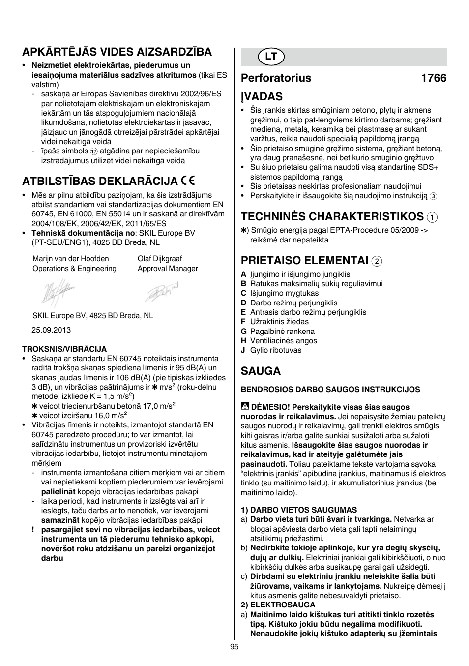 Apkārtējās vides aizsardzība, Atbilstības deklarācija, Perforatorius 1766 įvadas | Techninės charakteristikos 1, Prietaiso elementai 2, Sauga | Skil 1766 AK User Manual | Page 95 / 116