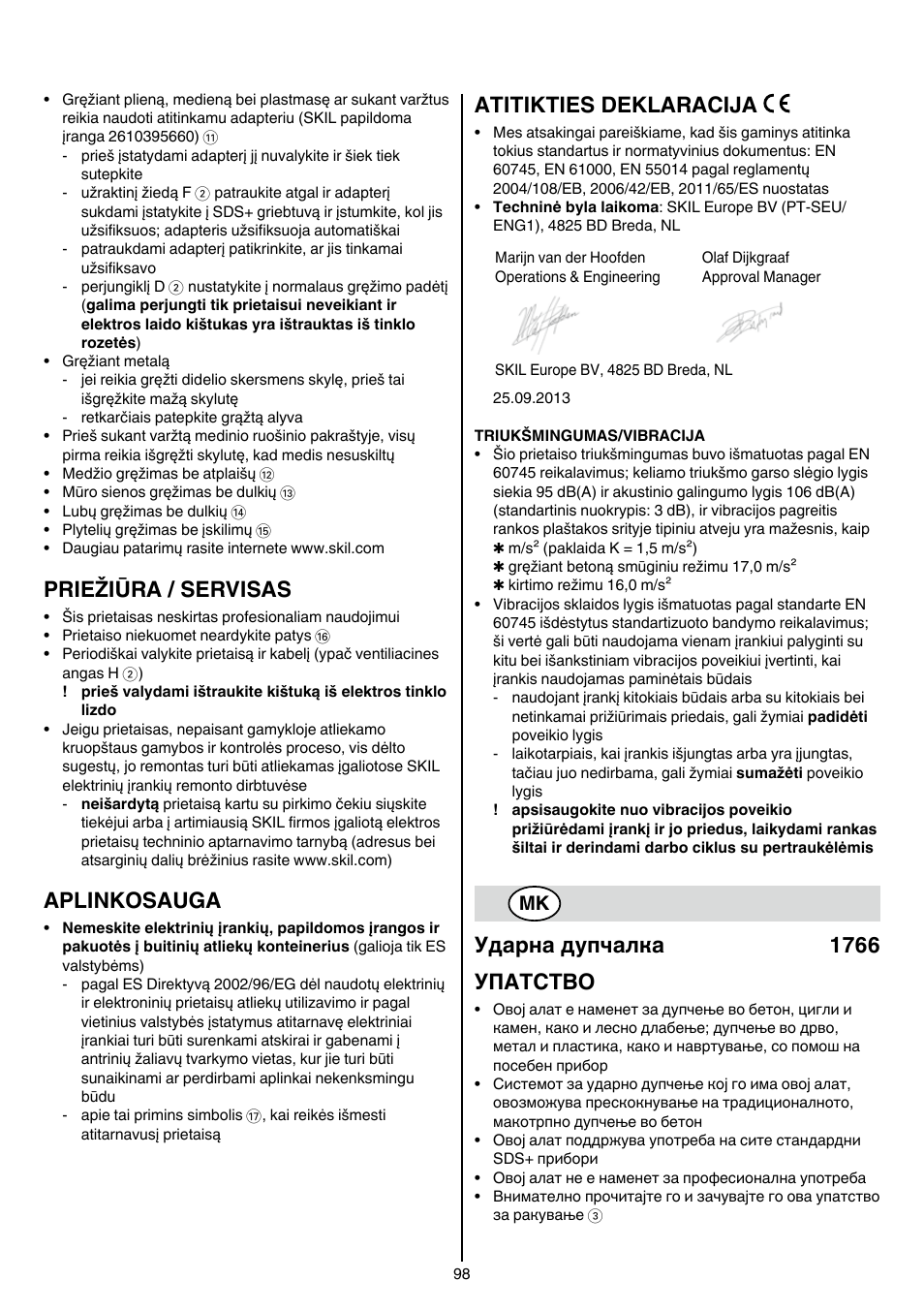 Priežiūra / servisas, Aplinkosauga, Atitikties deklaracija | Ударна дупчалка 1766 упатство | Skil 1766 AK User Manual | Page 98 / 116