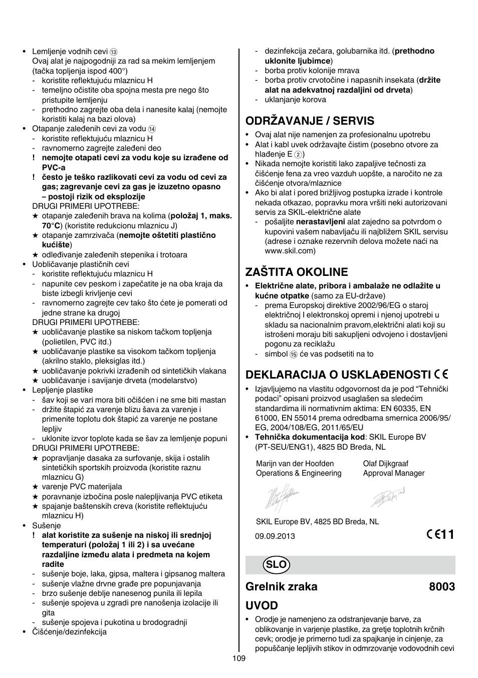 Održavanje / servis, Zaštita okoline, Deklaracija o usklađenosti | Grelnik zraka 8003 uvod | Skil 8003 CA User Manual | Page 109 / 148