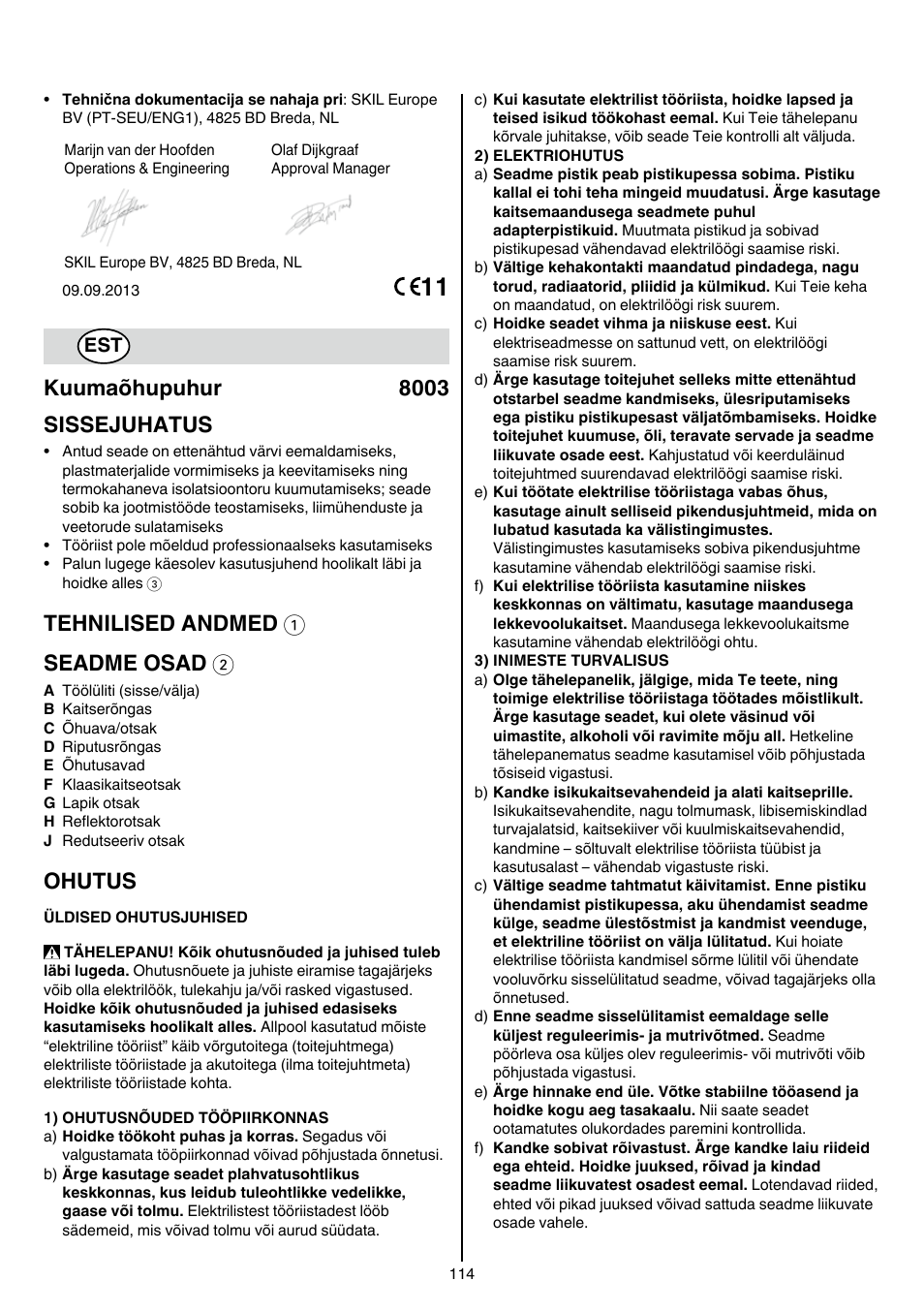 Kuumaõhupuhur 8003 sissejuhatus, Tehnilised andmed 1 seadme osad 2, Ohutus | Skil 8003 CA User Manual | Page 114 / 148