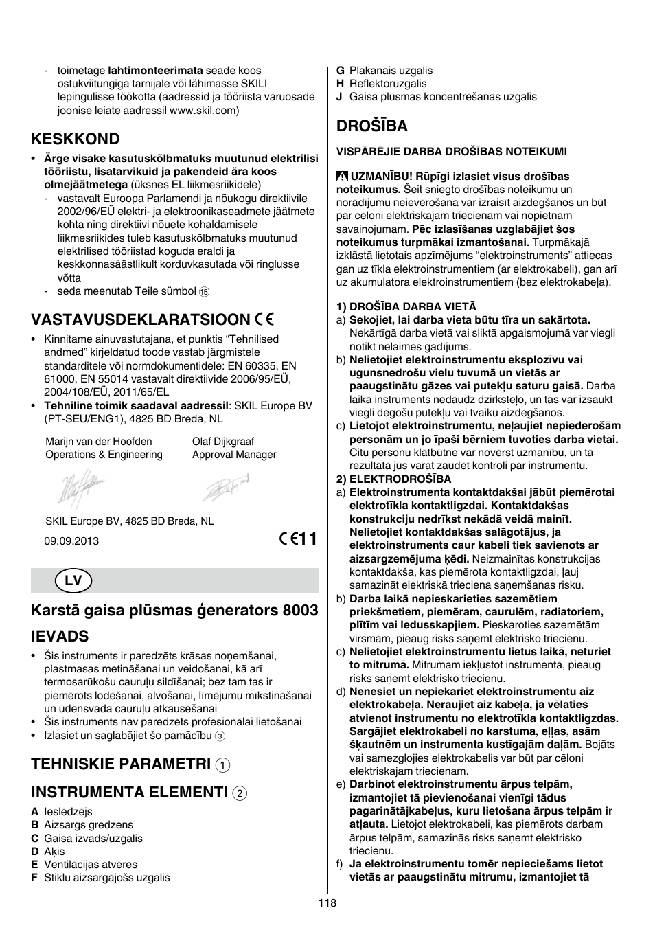 Keskkond, Vastavusdeklaratsioon, Karstā gaisa plūsmas ģenerators 8003 ievads | Tehniskie parametri 1 instrumenta elementi 2, Drošība | Skil 8003 CA User Manual | Page 118 / 148
