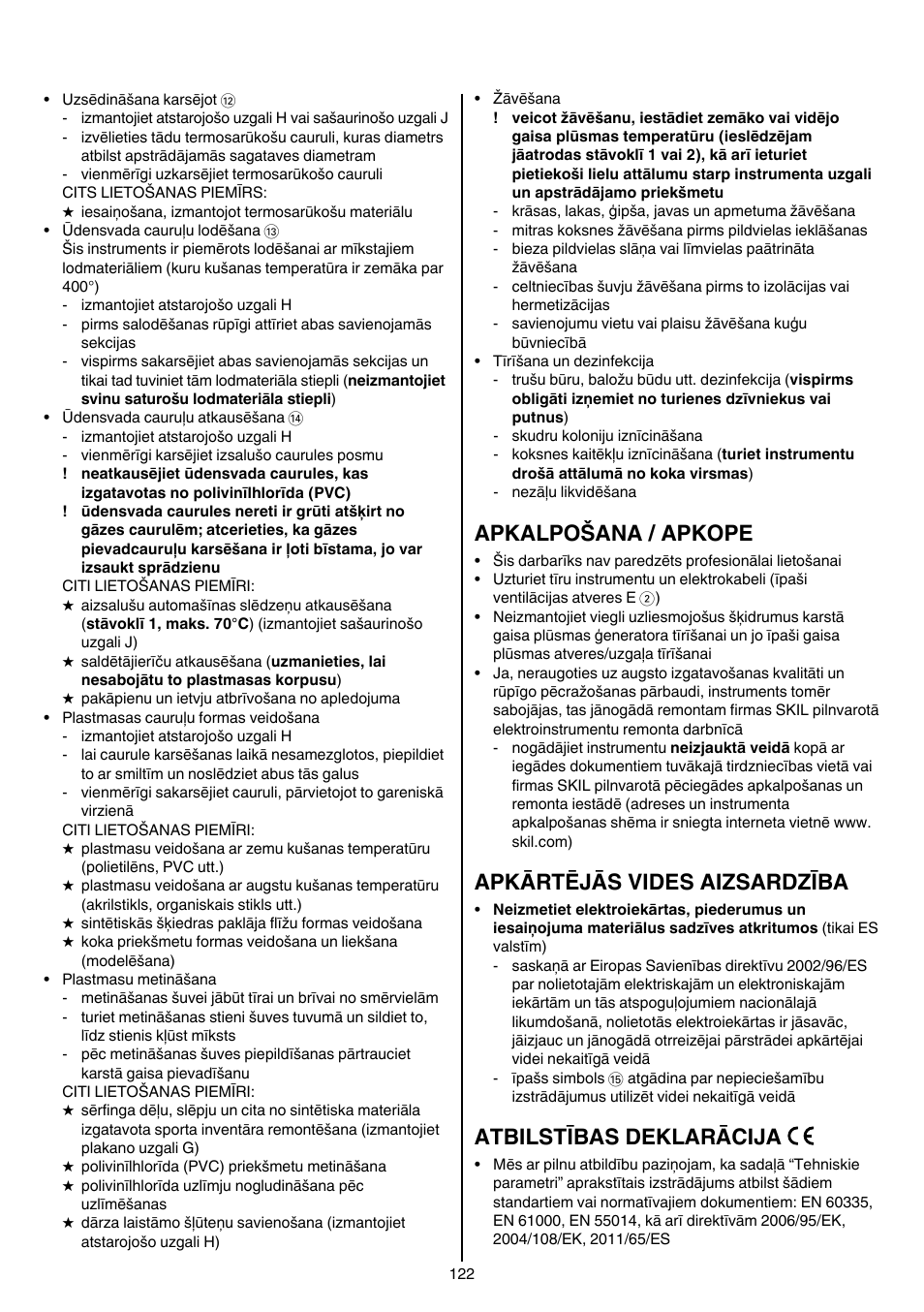 Apkalpošana / apkope, Apkārtējās vides aizsardzība, Atbilstības deklarācija | Skil 8003 CA User Manual | Page 122 / 148