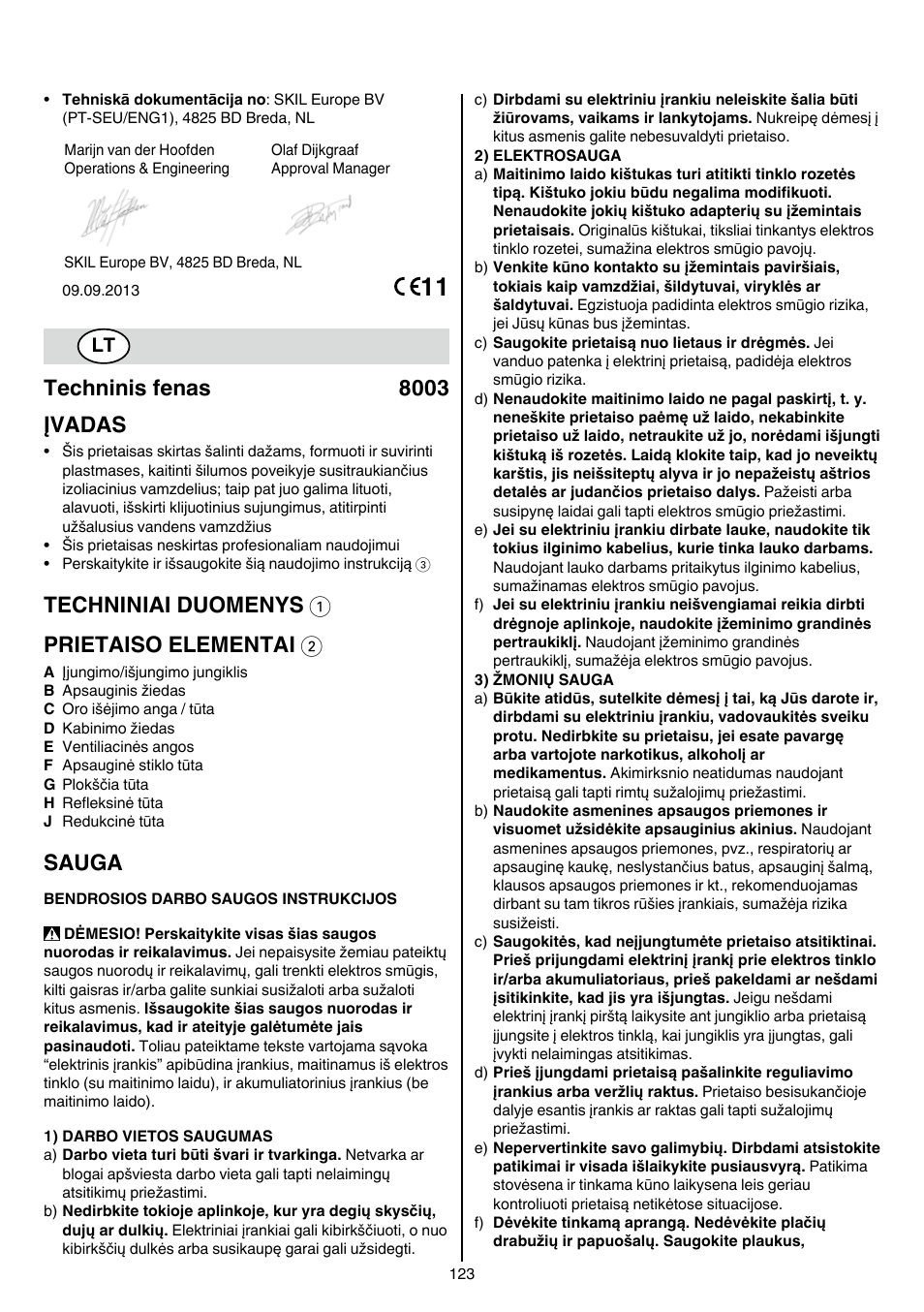 Techninis fenas 8003 įvadas, Techniniai duomenys 1 prietaiso elementai 2, Sauga | Skil 8003 CA User Manual | Page 123 / 148
