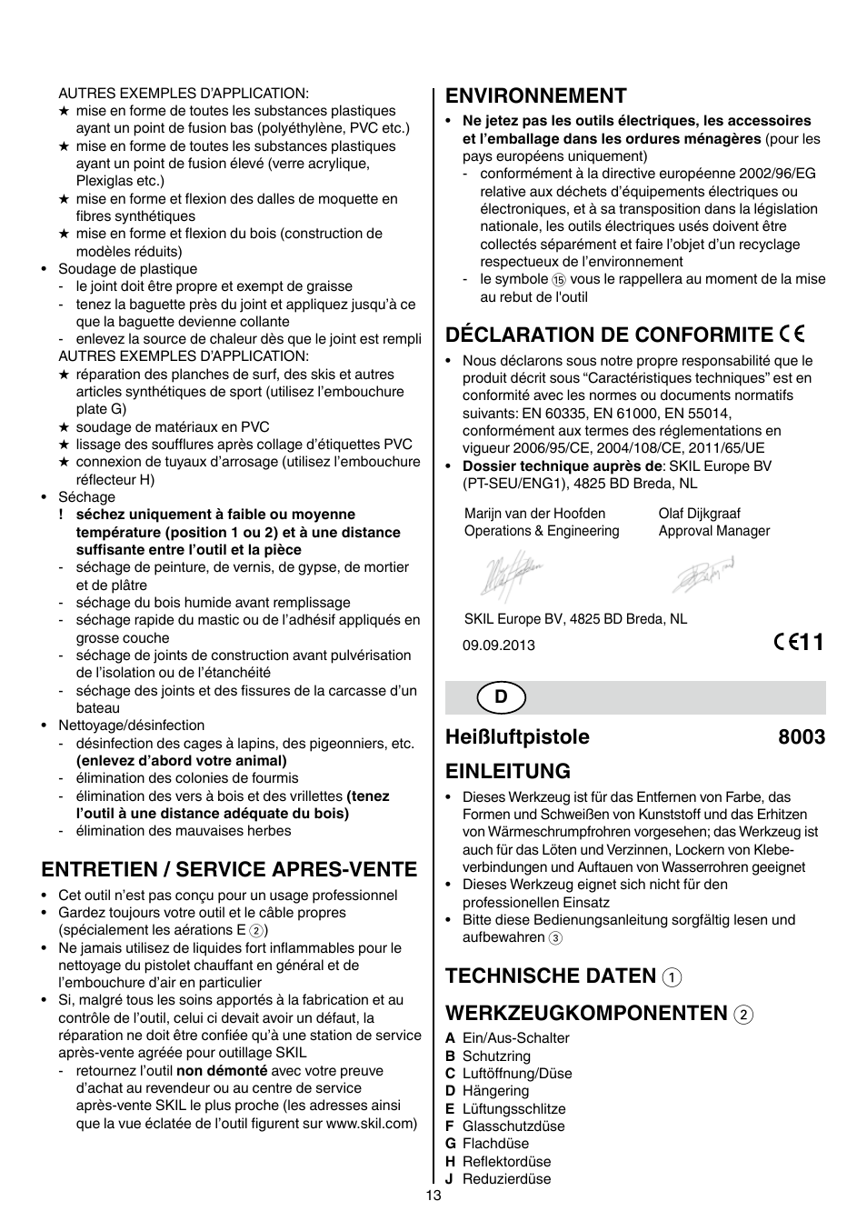 Entretien / service apres-vente, Environnement, Déclaration de conformite | Heißluftpistole 8003 einleitung, Technische daten 1 werkzeugkomponenten 2 | Skil 8003 CA User Manual | Page 13 / 148
