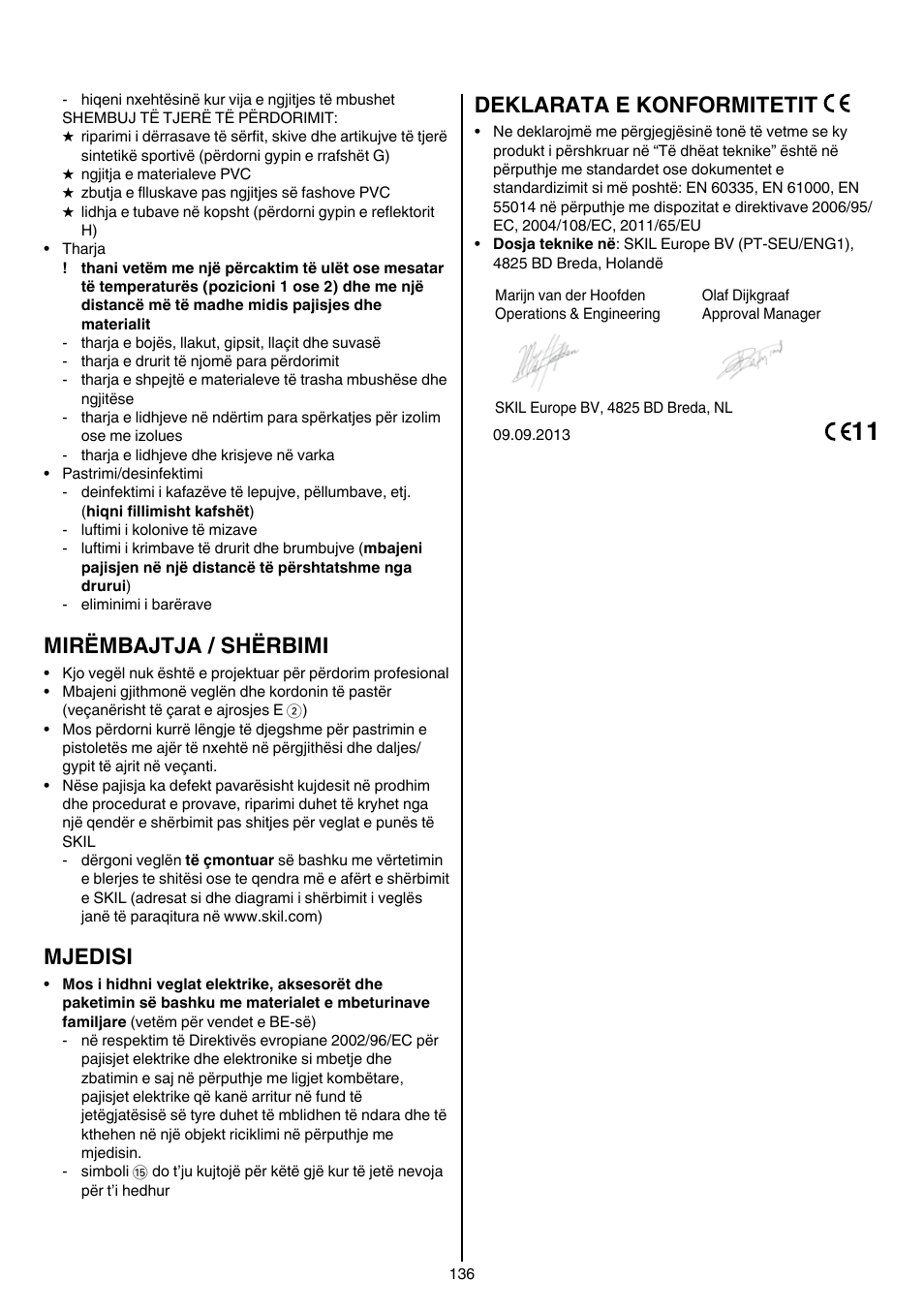 Mirëmbajtja / shërbimi, Mjedisi, Deklarata e konformitetit | Skil 8003 CA User Manual | Page 136 / 148