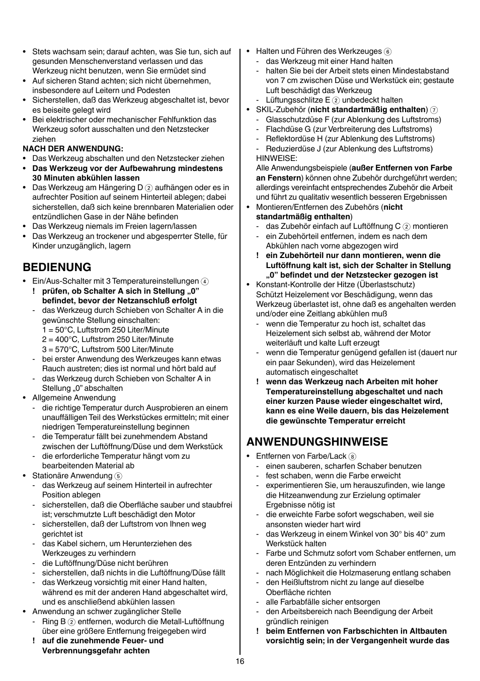 Bedienung, Anwendungshinweise | Skil 8003 CA User Manual | Page 16 / 148
