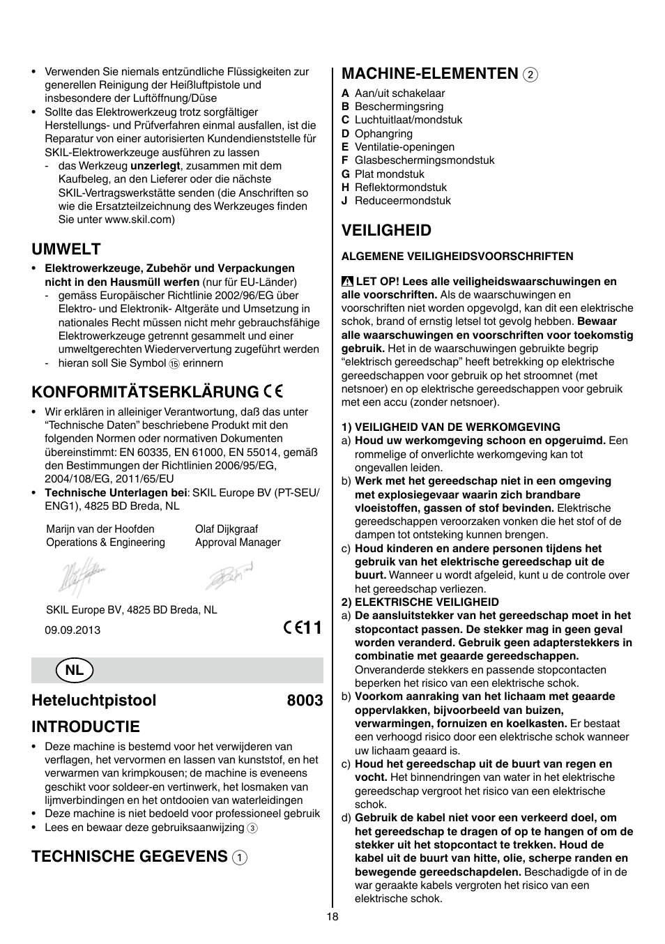 Umwelt, Konformitätserklärung, Heteluchtpistool 8003 introductie | Technische gegevens 1 machine-elementen 2, Veiligheid | Skil 8003 CA User Manual | Page 18 / 148