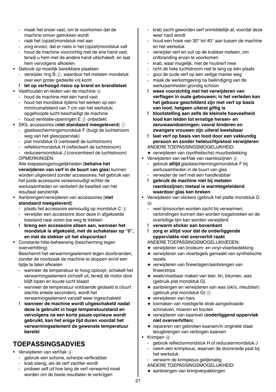 Toepassingsadvies | Skil 8003 CA User Manual | Page 21 / 148