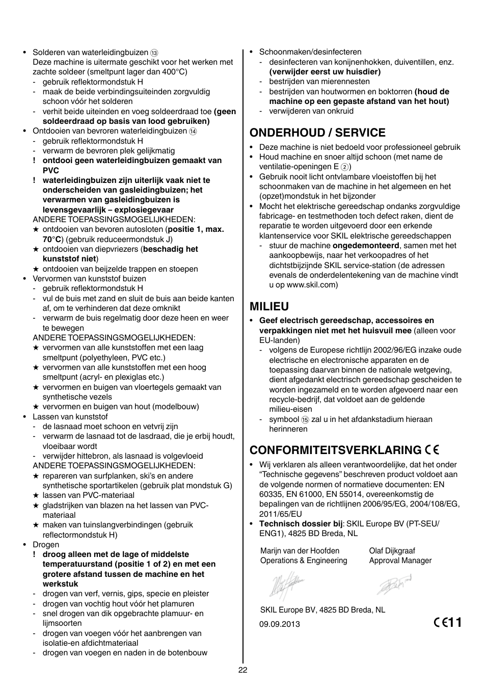 Onderhoud / service, Milieu, Conformiteitsverklaring | Skil 8003 CA User Manual | Page 22 / 148