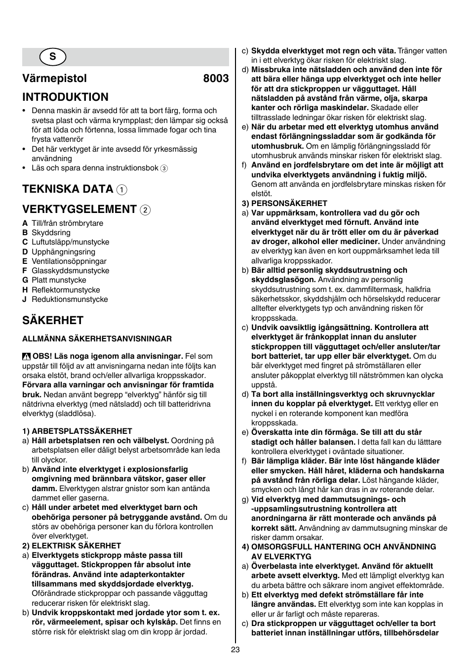 Värmepistol 8003 introduktion, Tekniska data 1 verktygselement 2, Säkerhet | Skil 8003 CA User Manual | Page 23 / 148