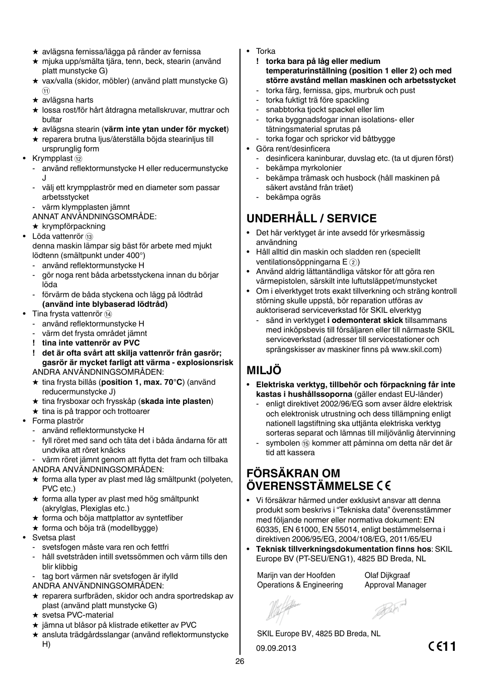 Underhåll / service, Miljö, Försäkran om överensstämmelse | Skil 8003 CA User Manual | Page 26 / 148