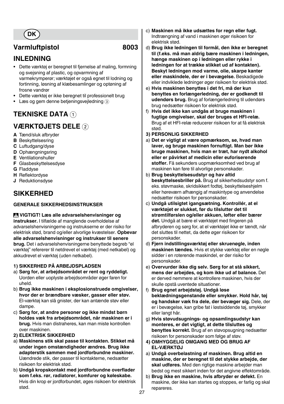 Varmluftpistol 8003 inledning, Tekniske data 1 værktøjets dele 2, Sikkerhed | Skil 8003 CA User Manual | Page 27 / 148