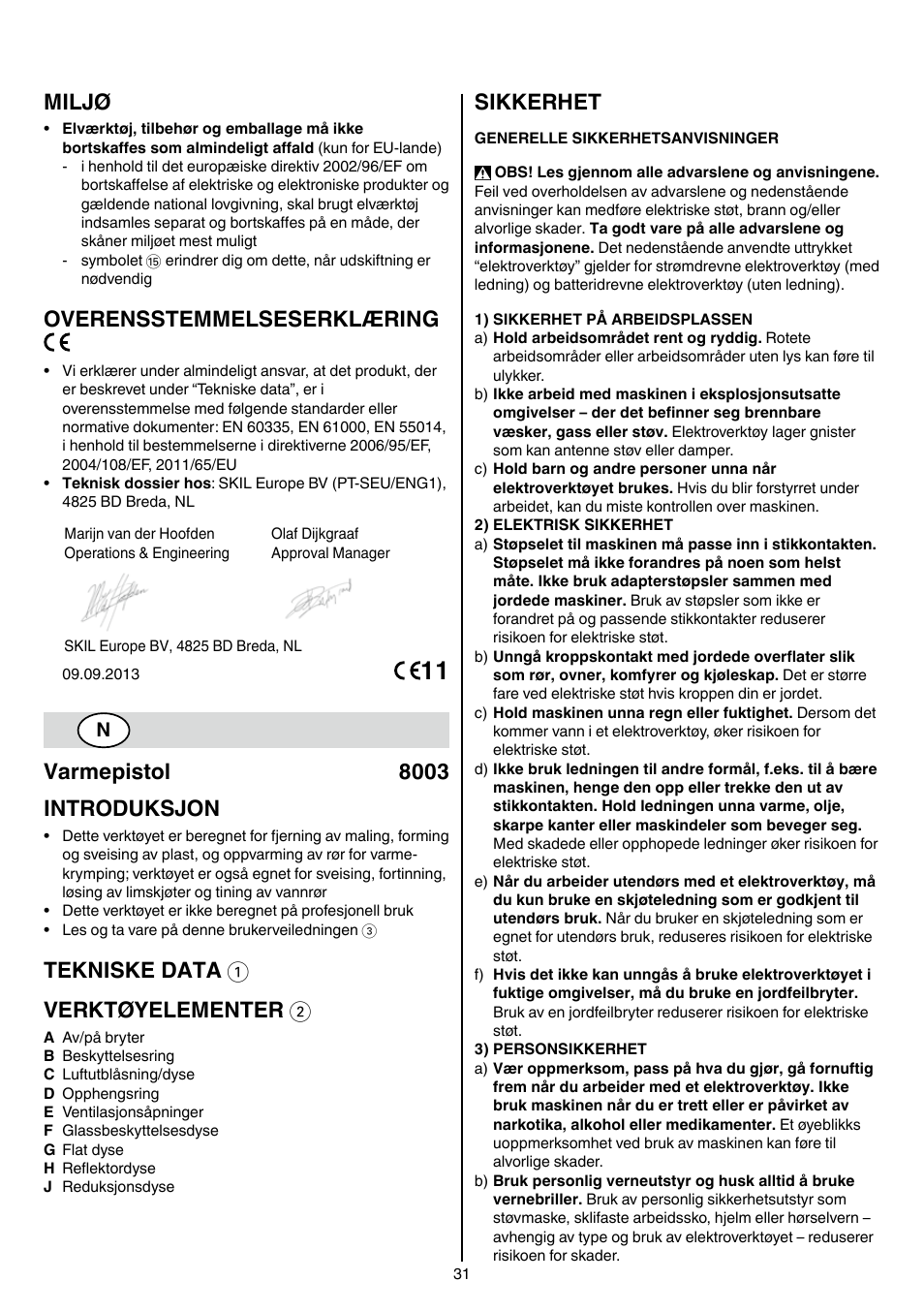 Miljø, Overensstemmelseserklæring, Varmepistol 8003 introduksjon | Tekniske data 1 verktøyelementer 2, Sikkerhet | Skil 8003 CA User Manual | Page 31 / 148