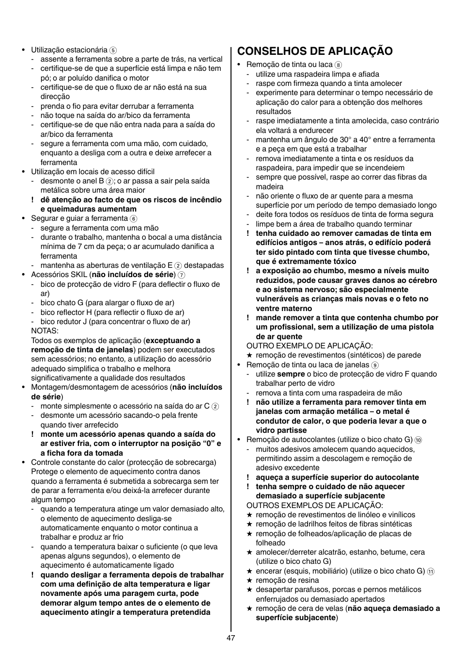 Conselhos de aplicação | Skil 8003 CA User Manual | Page 47 / 148