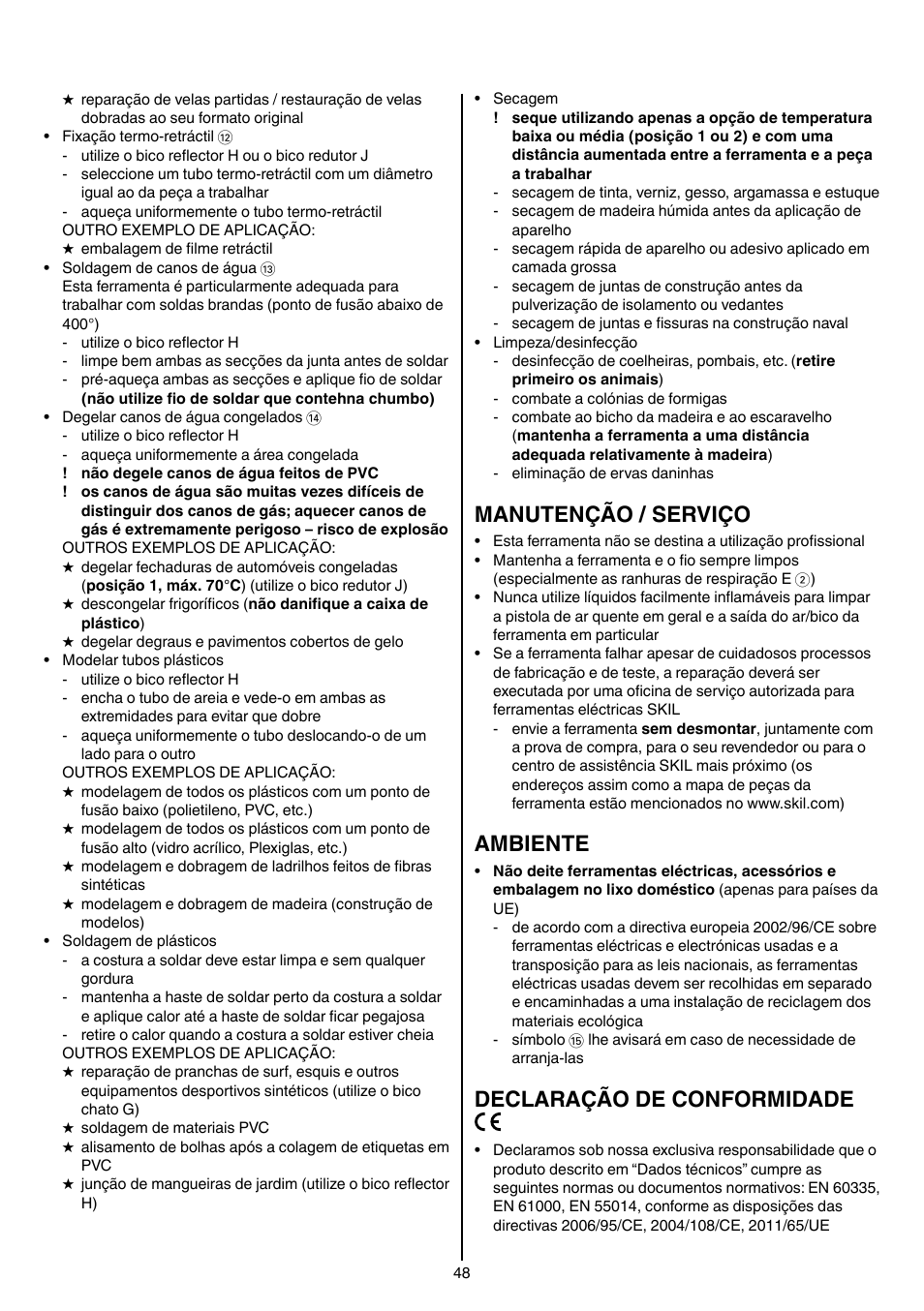 Manutenção / serviço, Ambiente, Declaração de conformidade | Skil 8003 CA User Manual | Page 48 / 148