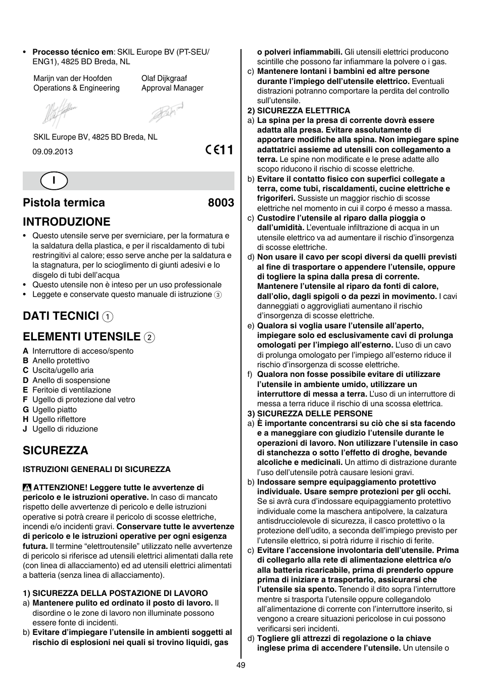 Pistola termica 8003 introduzione, Dati tecnici 1 elementi utensile 2, Sicurezza | Skil 8003 CA User Manual | Page 49 / 148