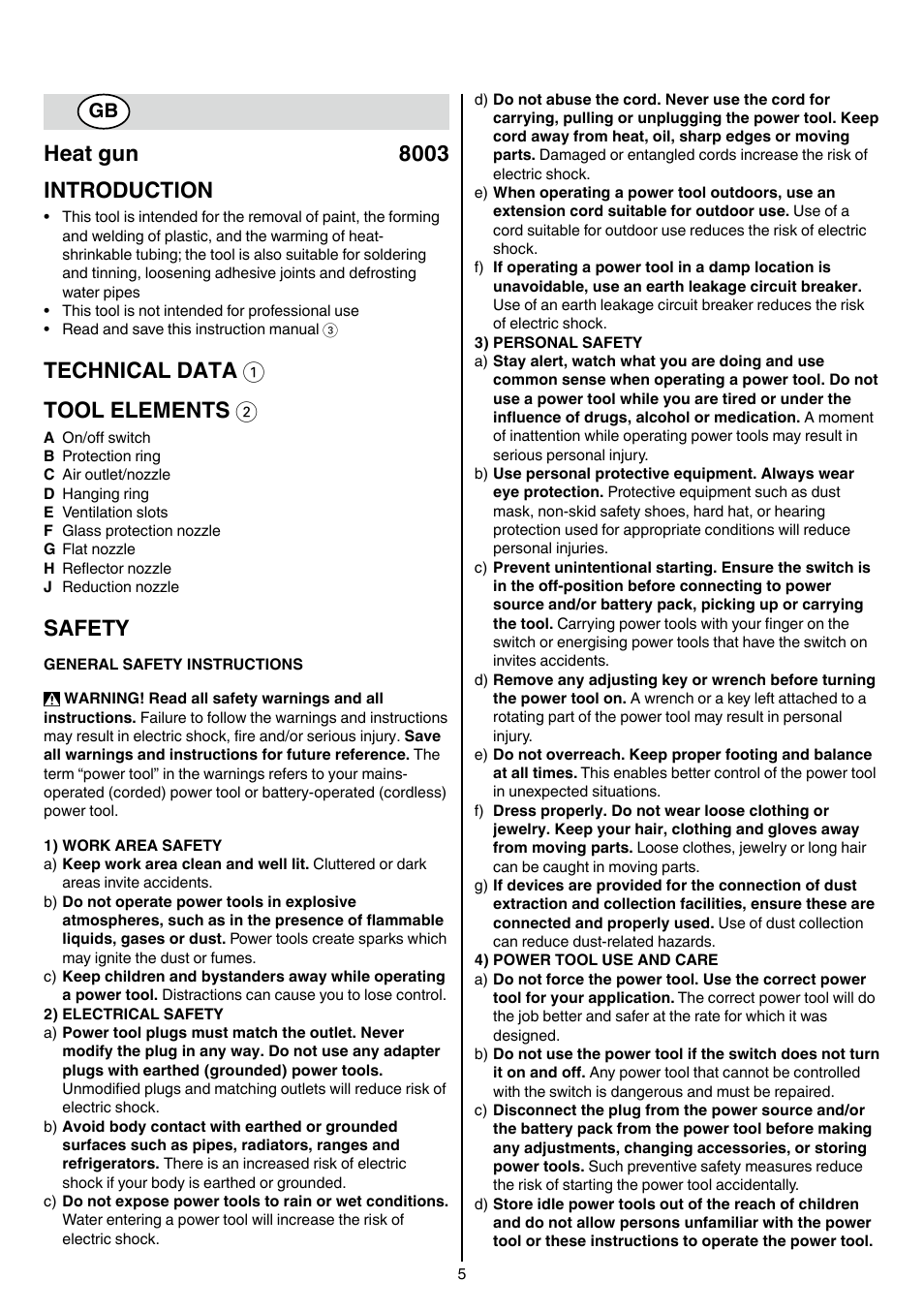 Heat gun 8003 introduction, Technical data 1 tool elements 2, Safety | Skil 8003 CA User Manual | Page 5 / 148