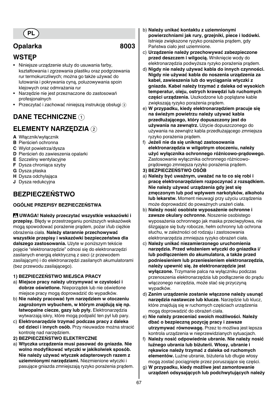 Opalarka 8003 wstęp, Dane techniczne 1 elementy narzędzia 2, Bezpieczeństwo | Skil 8003 CA User Manual | Page 67 / 148