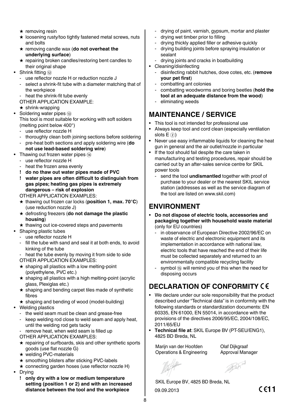 Maintenance / service, Environment, Declaration of conformity | Skil 8003 CA User Manual | Page 8 / 148