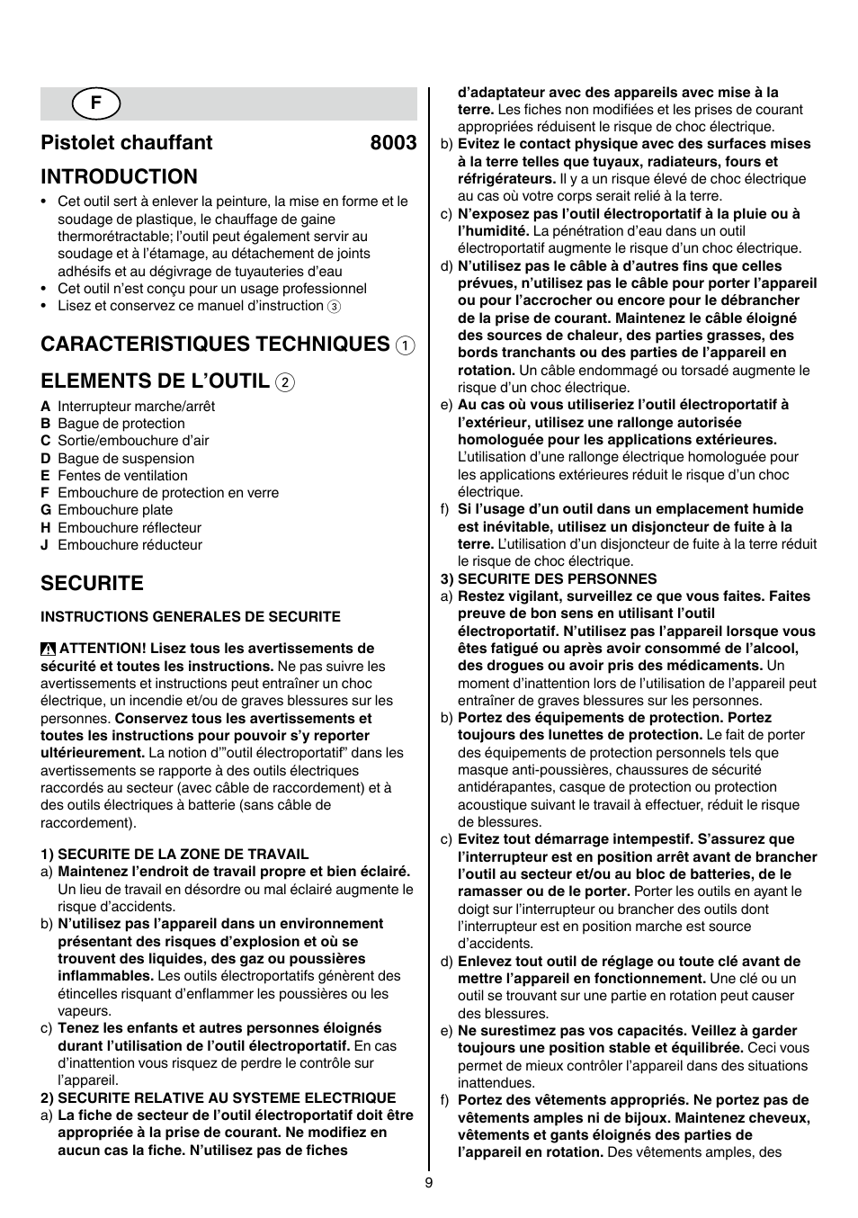 Pistolet chauffant 8003 introduction, Securite | Skil 8003 CA User Manual | Page 9 / 148