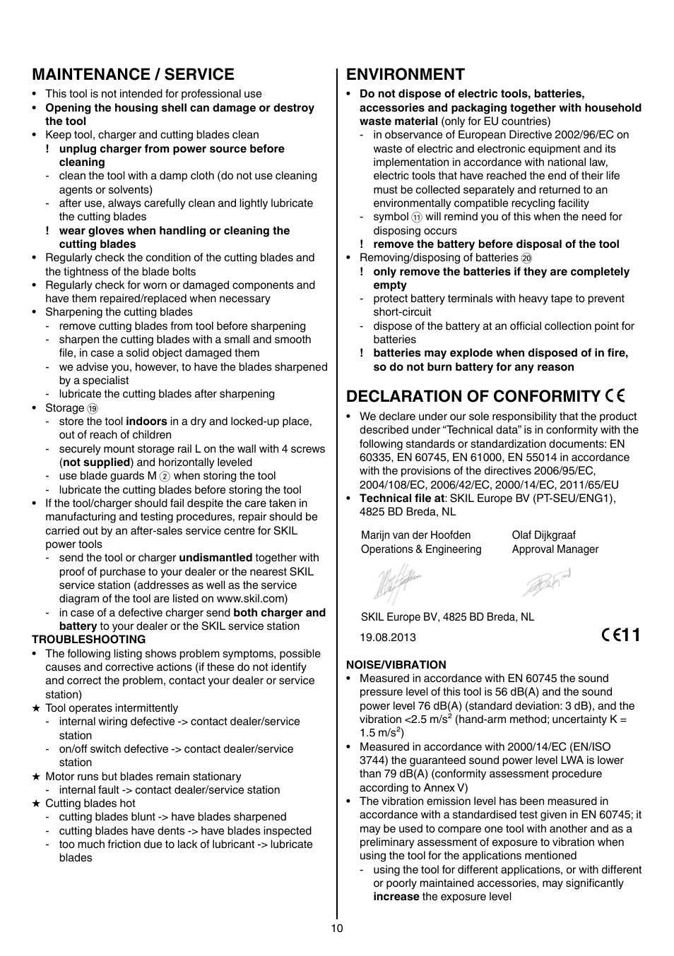 Maintenance / service, Environment, Declaration of conformity | Skil 0755 RA User Manual | Page 10 / 148