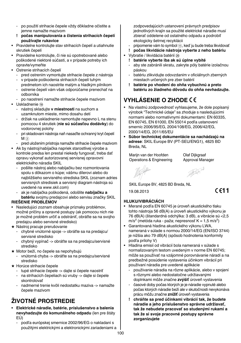 Životné prostredie, Vyhlásenie o zhode | Skil 0755 RA User Manual | Page 100 / 148