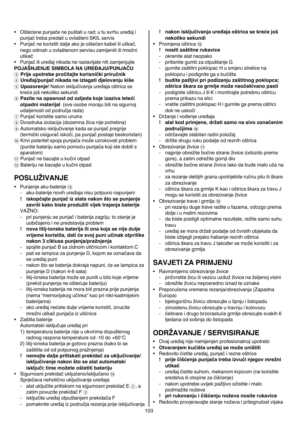 Posluživanje, Savjeti za primjenu, Održavanje / servisiranje | Skil 0755 RA User Manual | Page 103 / 148