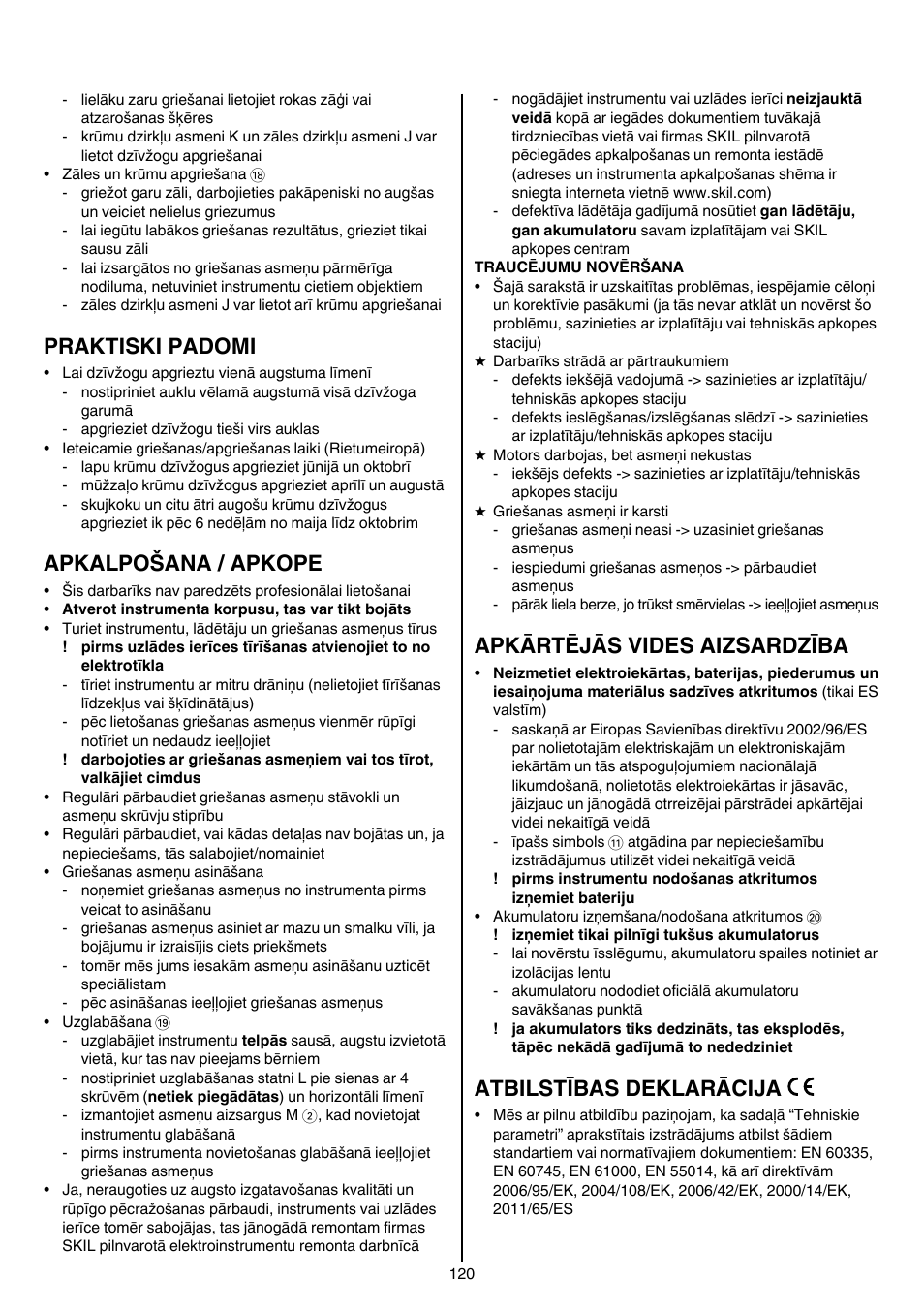 Praktiski padomi, Apkalpošana / apkope, Apkārtējās vides aizsardzība | Atbilstības deklarācija | Skil 0755 RA User Manual | Page 120 / 148