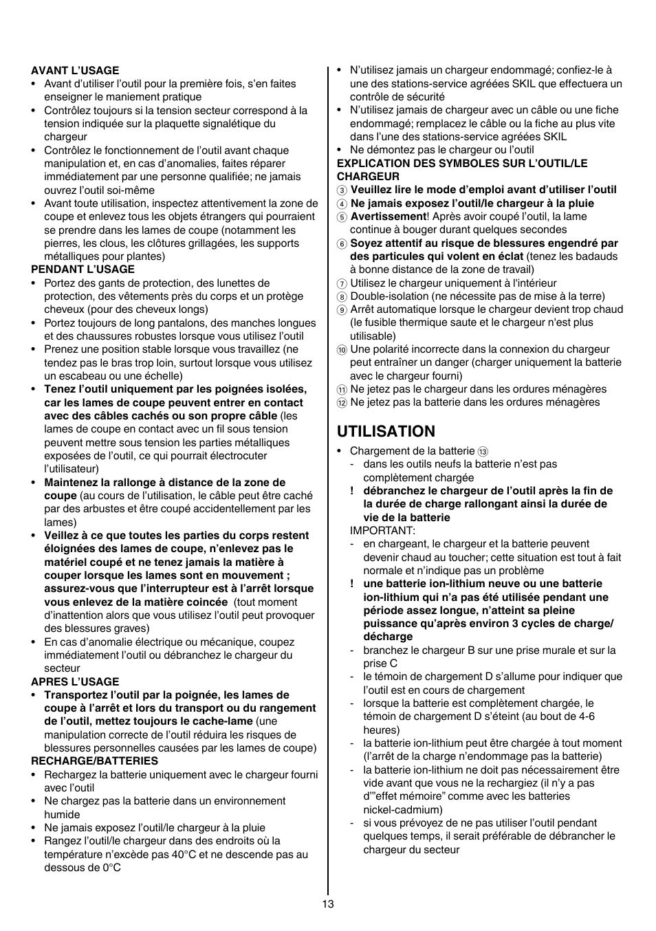 Utilisation | Skil 0755 RA User Manual | Page 13 / 148