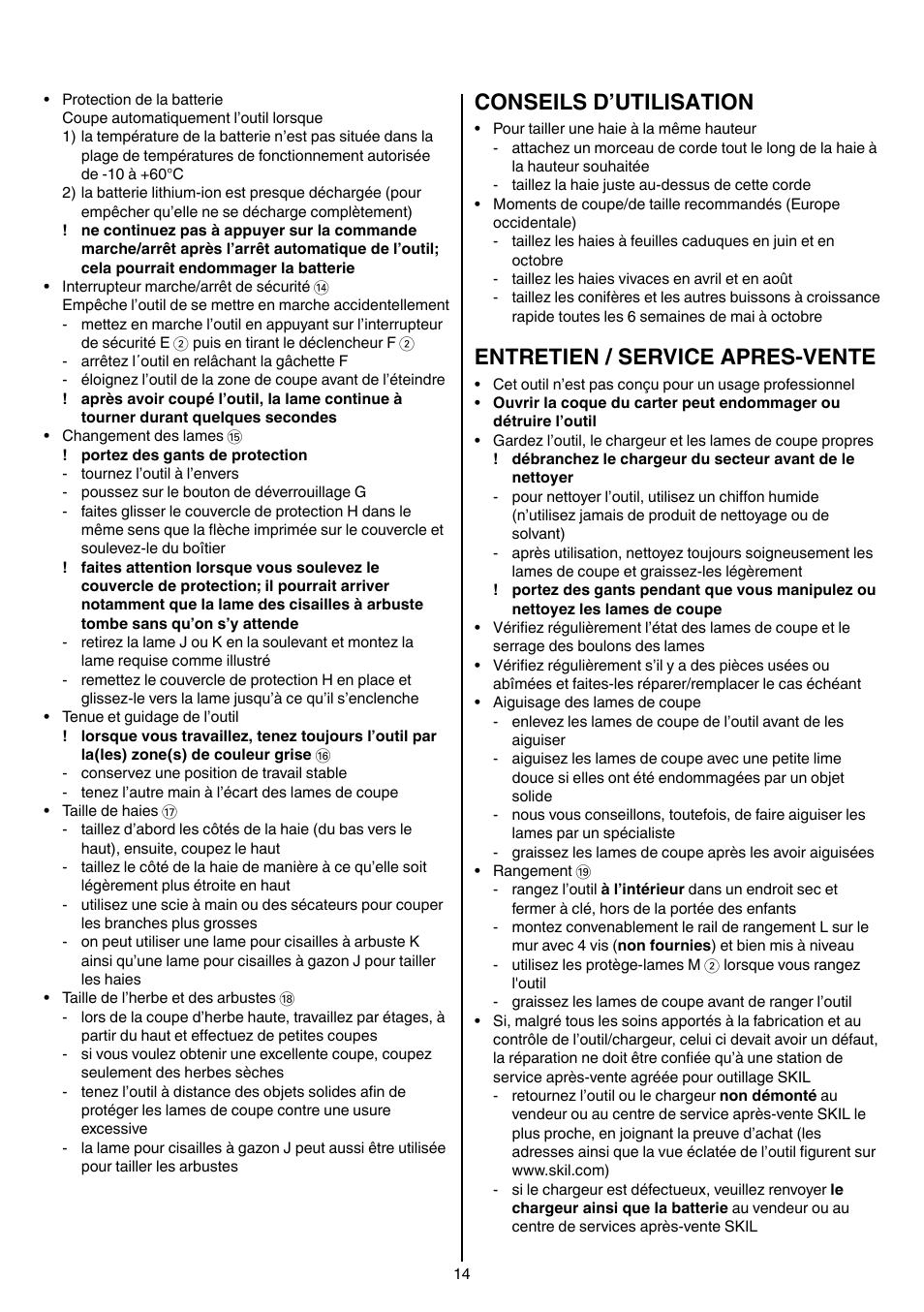 Conseils d’utilisation, Entretien / service apres-vente | Skil 0755 RA User Manual | Page 14 / 148