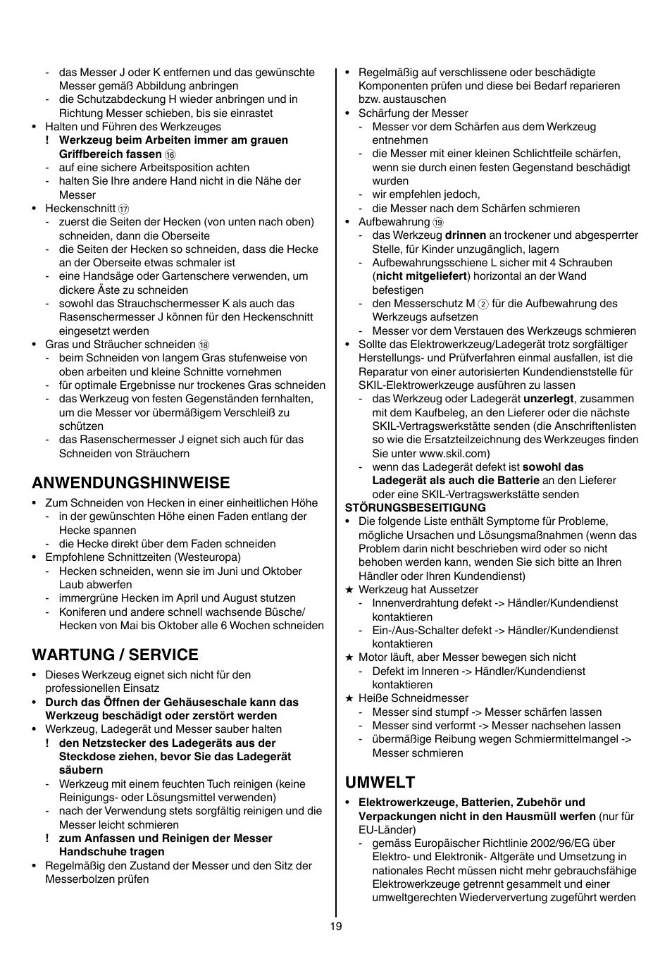 Anwendungshinweise, Wartung / service, Umwelt | Skil 0755 RA User Manual | Page 19 / 148