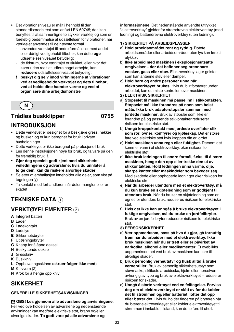 Trådløs buskklipper 0755 introduksjon, Tekniske data 1 verktøyelementer 2, Sikkerhet | Skil 0755 RA User Manual | Page 33 / 148