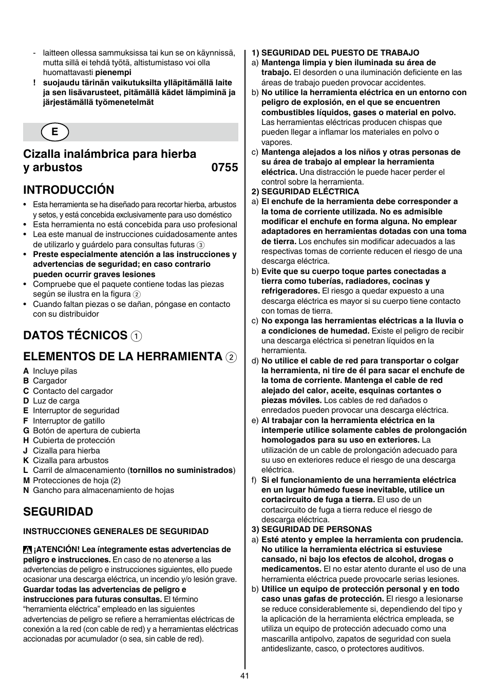 Datos técnicos 1 elementos de la herramienta 2, Seguridad | Skil 0755 RA User Manual | Page 41 / 148