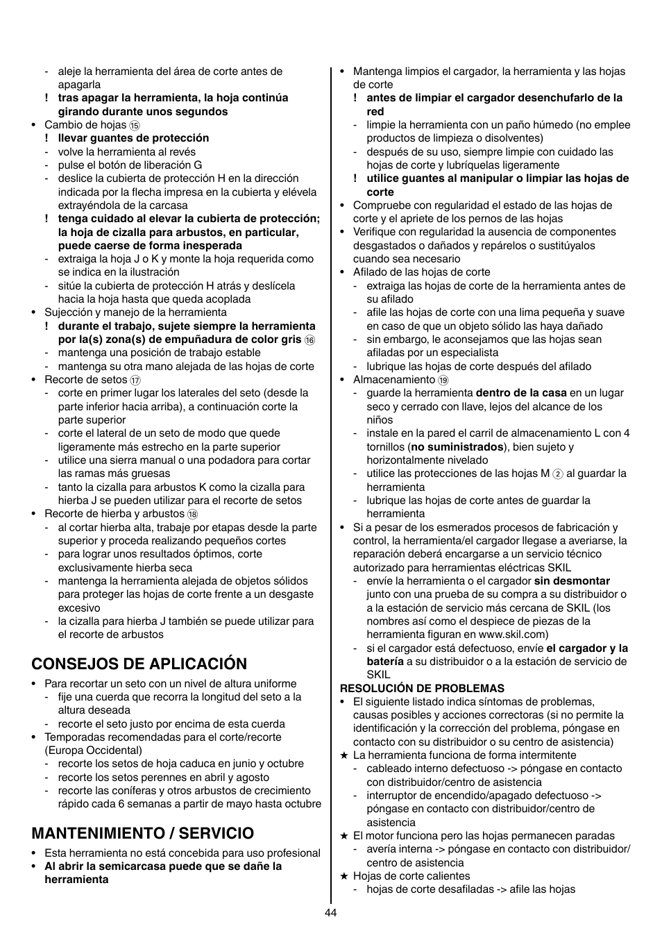 Consejos de aplicación, Mantenimiento / servicio | Skil 0755 RA User Manual | Page 44 / 148