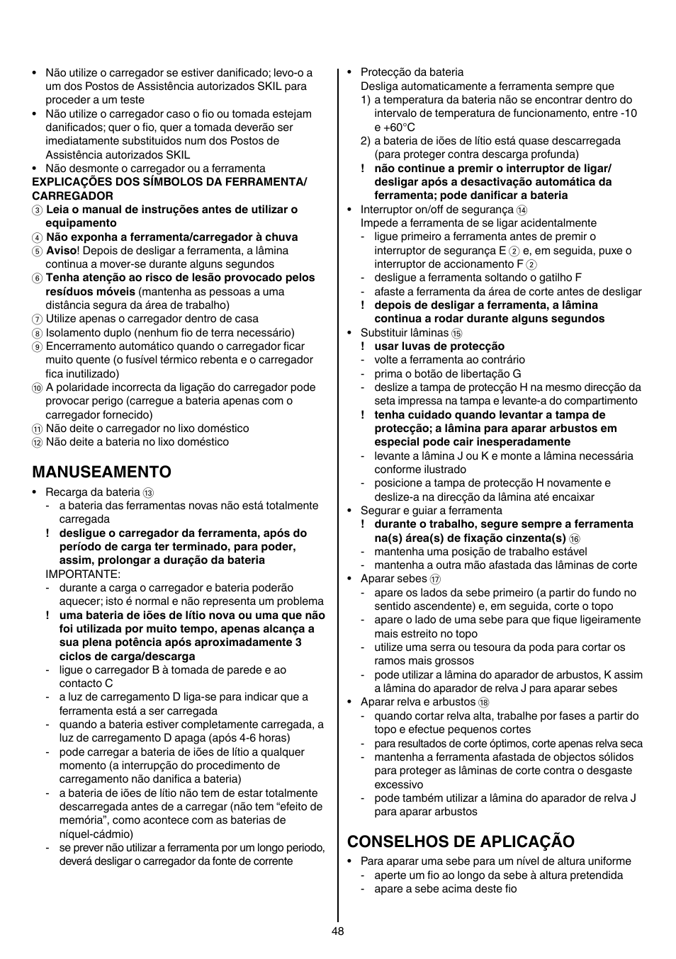 Manuseamento, Conselhos de aplicação | Skil 0755 RA User Manual | Page 48 / 148