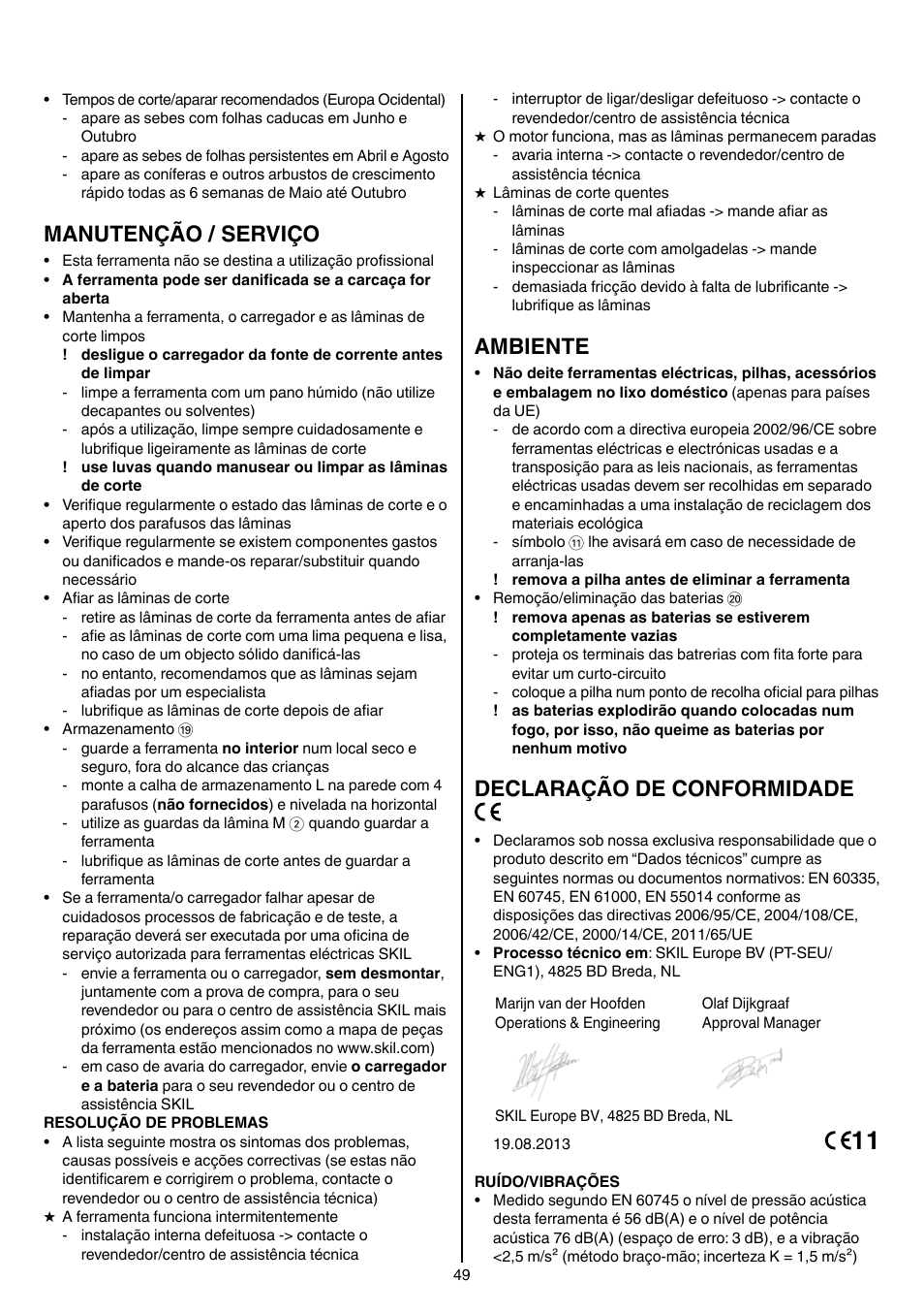 Manutenção / serviço, Ambiente, Declaração de conformidade | Skil 0755 RA User Manual | Page 49 / 148