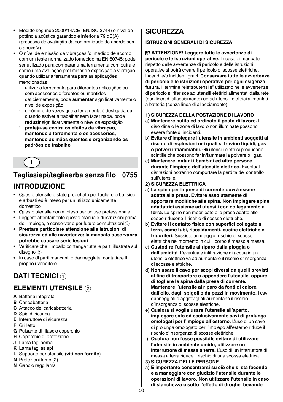 Dati tecnici 1 elementi utensile 2, Sicurezza | Skil 0755 RA User Manual | Page 50 / 148