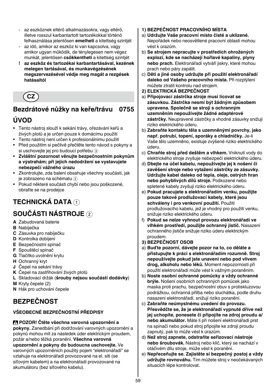 Bezdrátové nůžky na keře/trávu 0755 úvod, Technická data 1 součásti nástroje 2, Bezpečnost | Skil 0755 RA User Manual | Page 59 / 148