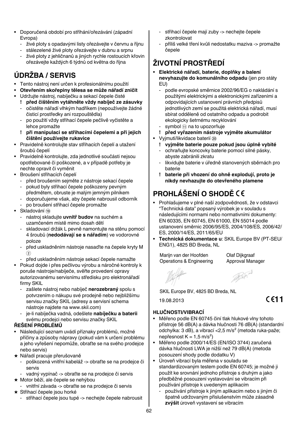 Údržba / servis, Životní prostředí, Prohlášení o shodě | Skil 0755 RA User Manual | Page 62 / 148