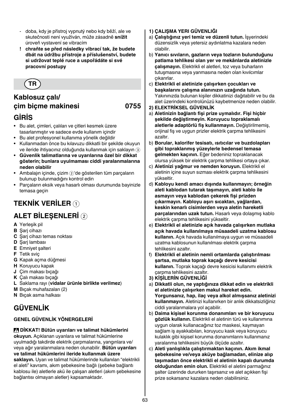 Kablosuz çalı/ çim biçme makinesi 0755 giris, Teknik veriler 1 alet bileşenleri 2, Güvenlik | Skil 0755 RA User Manual | Page 63 / 148