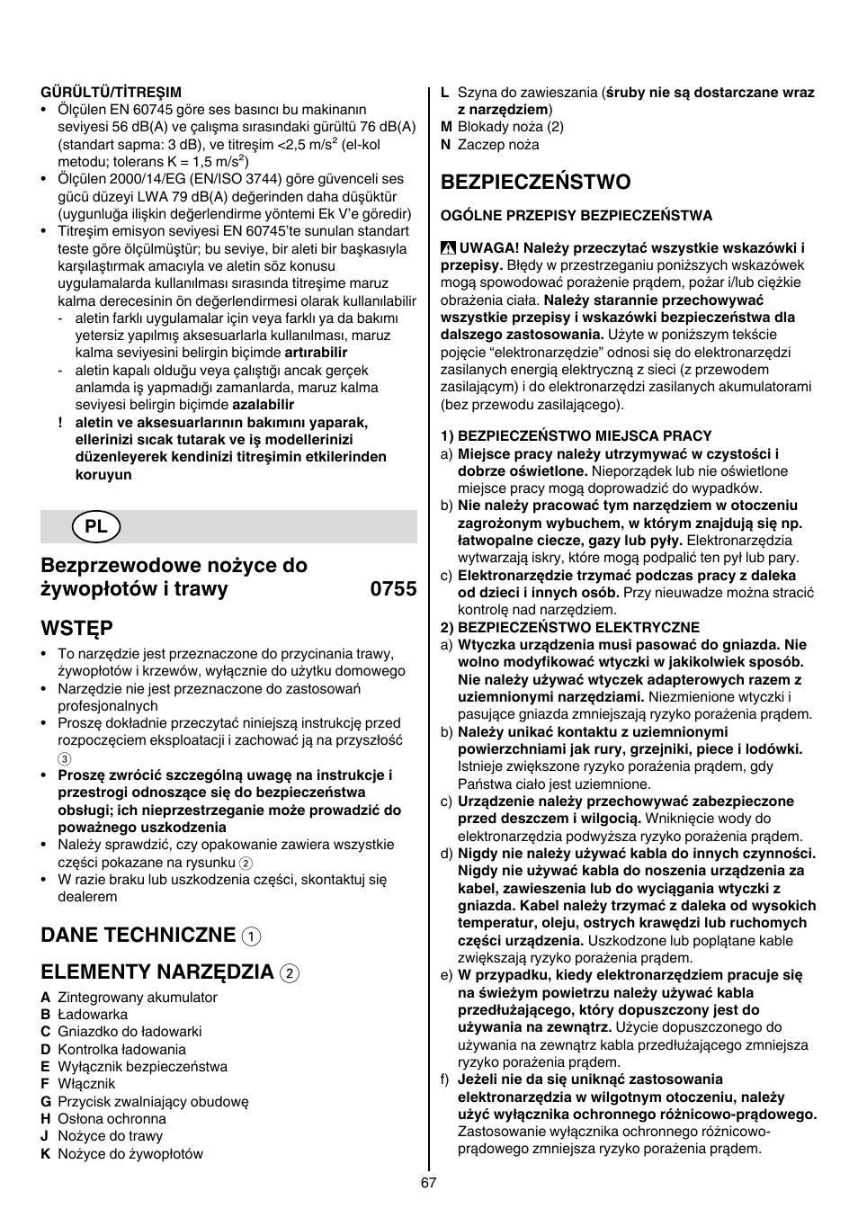 Dane techniczne 1 elementy narzędzia 2, Bezpieczeństwo | Skil 0755 RA User Manual | Page 67 / 148