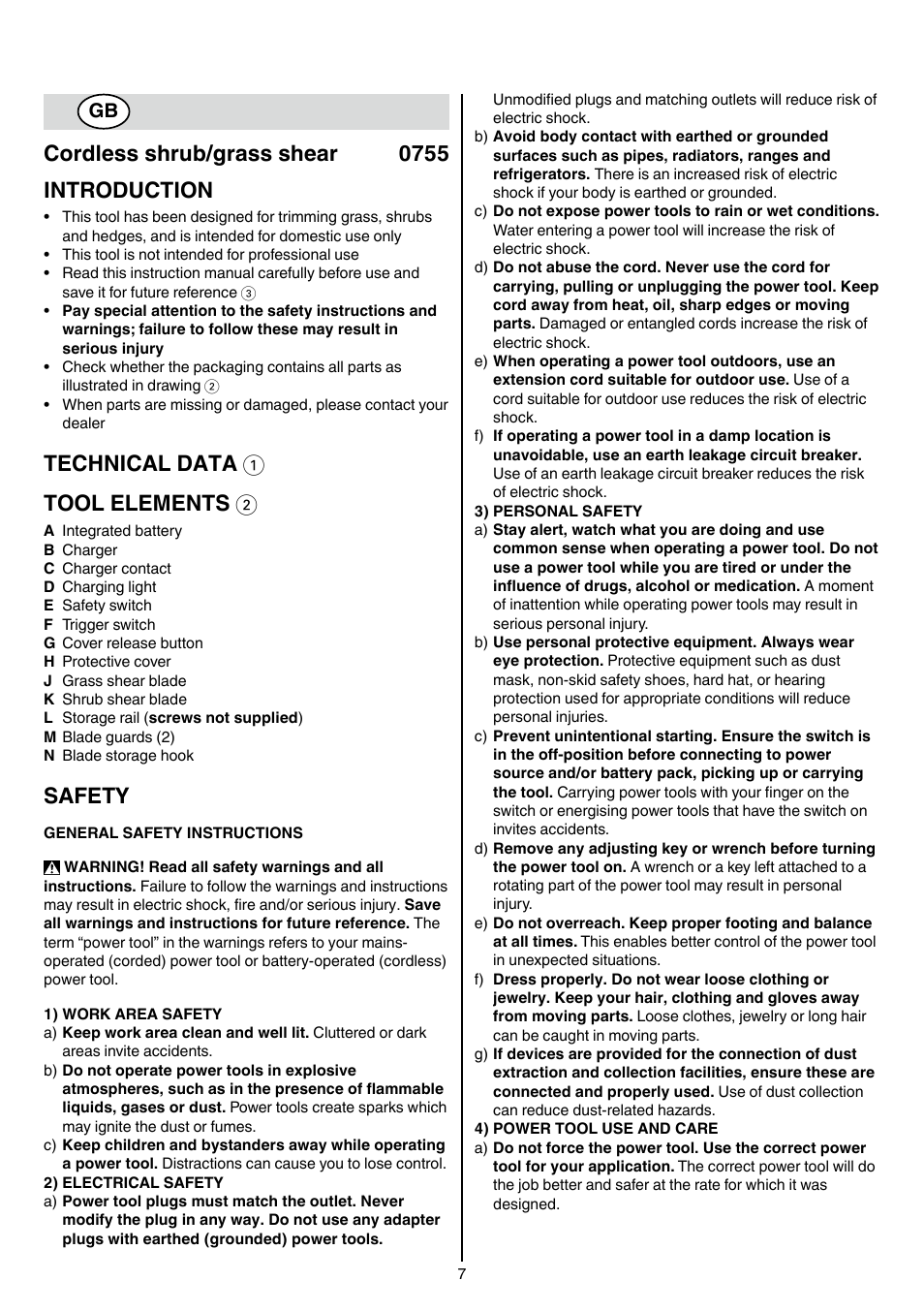 Cordless shrub/grass shear 0755 introduction, Technical data 1 tool elements 2, Safety | Skil 0755 RA User Manual | Page 7 / 148